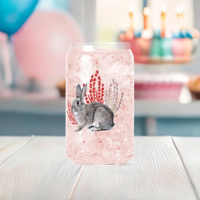 Wild Rabbit with Red and Purple Botanicals Can Glass (Insitu (Baby Shower))