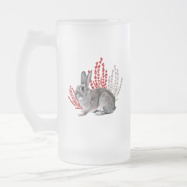 Wild Rabbit with Red and Purple Botanicals Frosted Glass Beer Mug (Left)