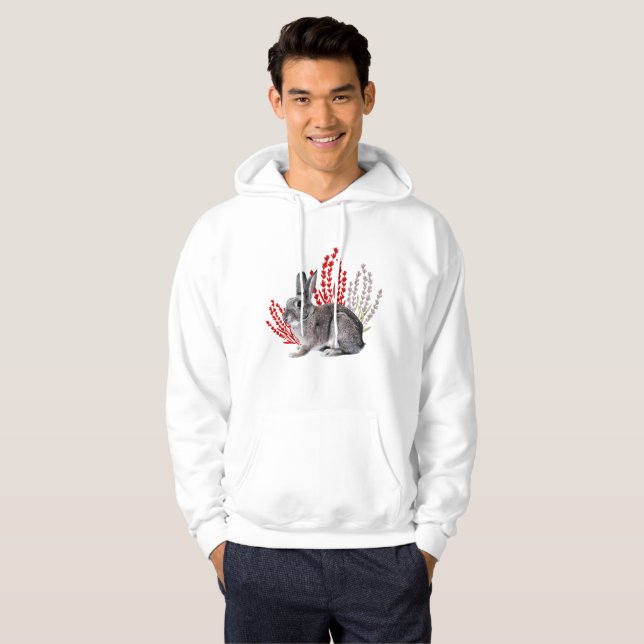 Wild Rabbit with Red and Purple Botanicals Hoodie (Front Full)