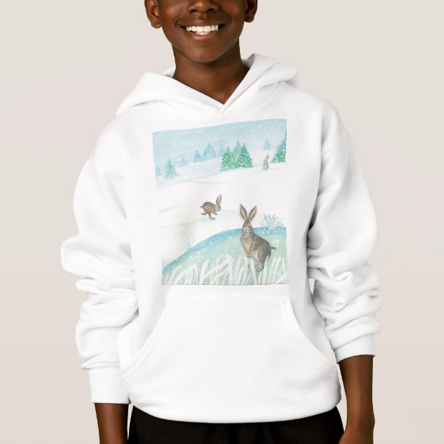 Wild Rabbits Sitting & Jumping On Snow   (Front)