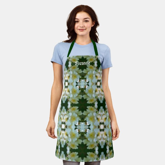 Wild Rambling Roses Floral Pattern Personalised Apron (Worn)