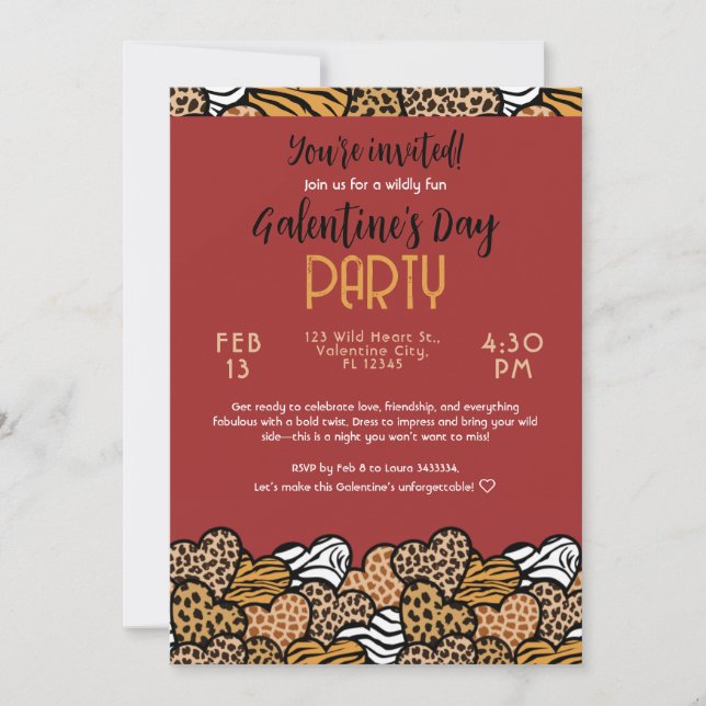 Wild Red Animal Print Heart Galentine's Day Party Invitation (Front)