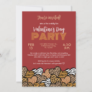 Wild Red Animal Print Heart Valentine's Day Party Invitation