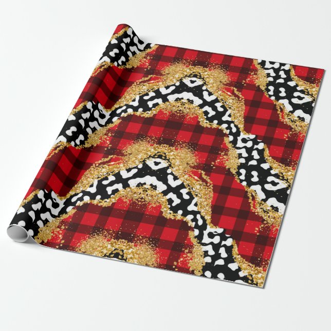 Wild Red Buffalo Plaid Leopard Print Christmas  Wrapping Paper (Unrolled)