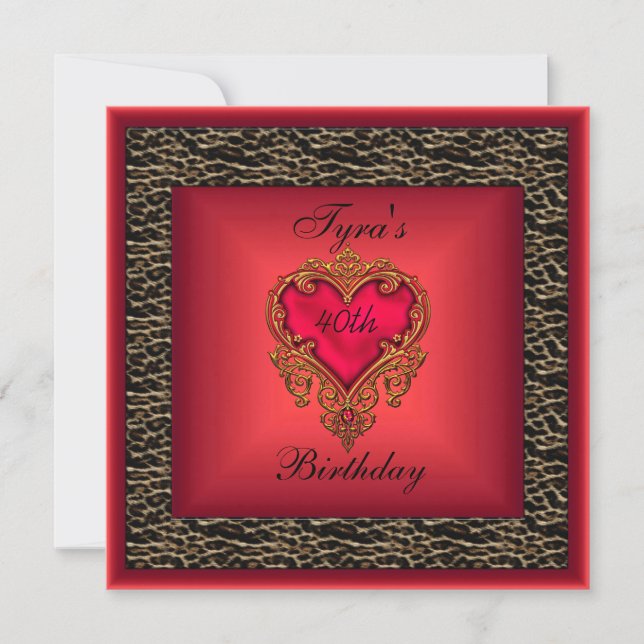 Wild Red Heart Jewel Gold Elegant 40th Birthday 2 Invitation (Front)