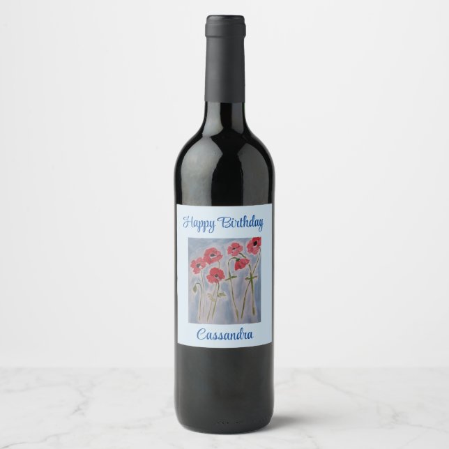 Wild Red Poppies Birthday  Wine Label (Front)