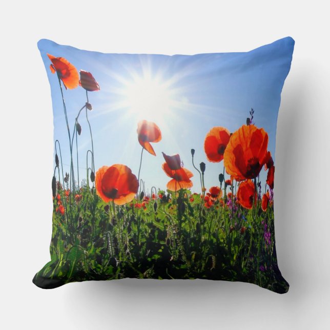 Wild Red Poppies Flowers Cushion (Front)