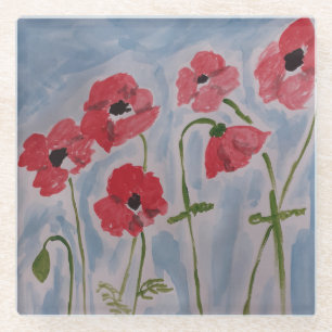 Wild Red Poppies Glass Coaster