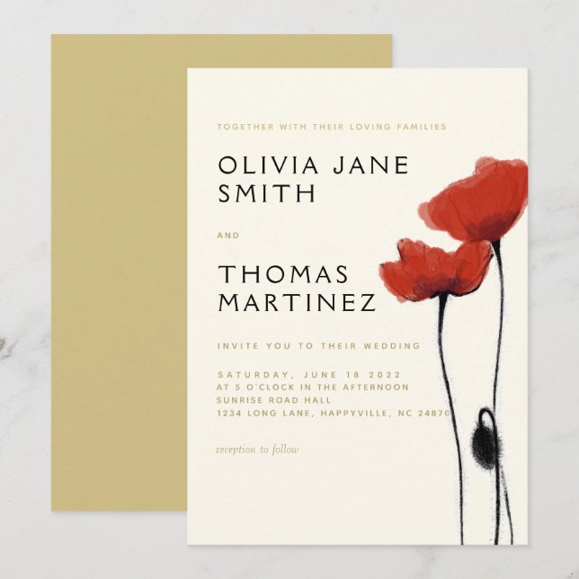 Wild Red Poppies Gold Ecru Rustic Elegant Wedding Invitation (Front/Back)