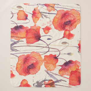 Wild red poppies, watercolor pattern sherpa blanket