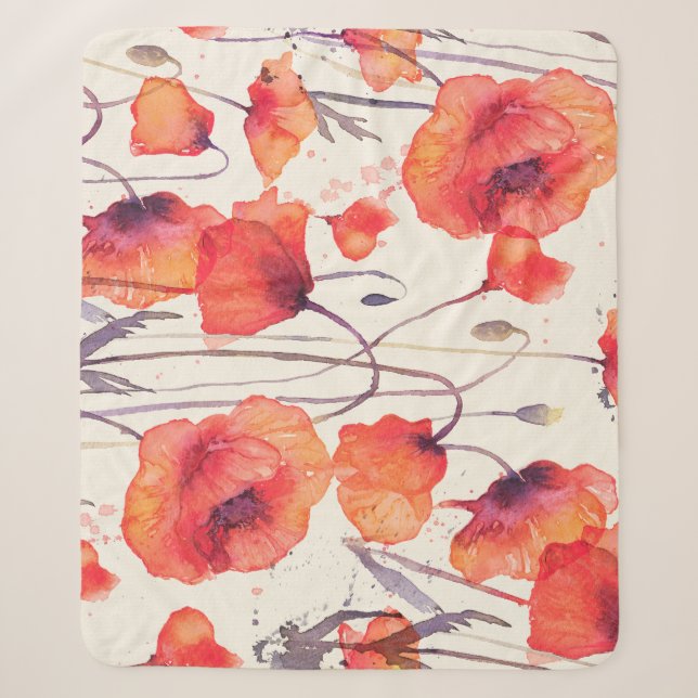 Wild red poppies, watercolor pattern sherpa blanket (Front)