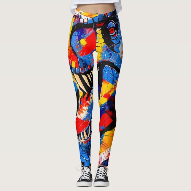 Wild Retro T-rex Dinosaur Fusion Leggings (Front)