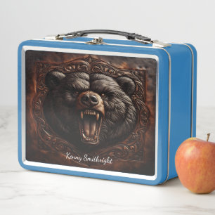 Wild Roar: Leather Engraved Grizzly Masterpiece Metal Lunch Box