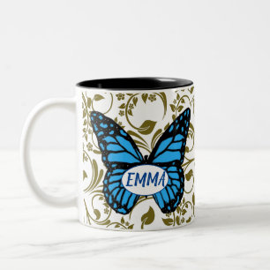 Wild Romantic Field Blue butterflies Two-Tone Coffee Mug