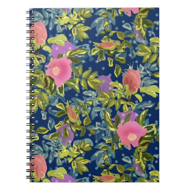 Wild rose, blue background, wild rose, roses, pink notebook (Front)