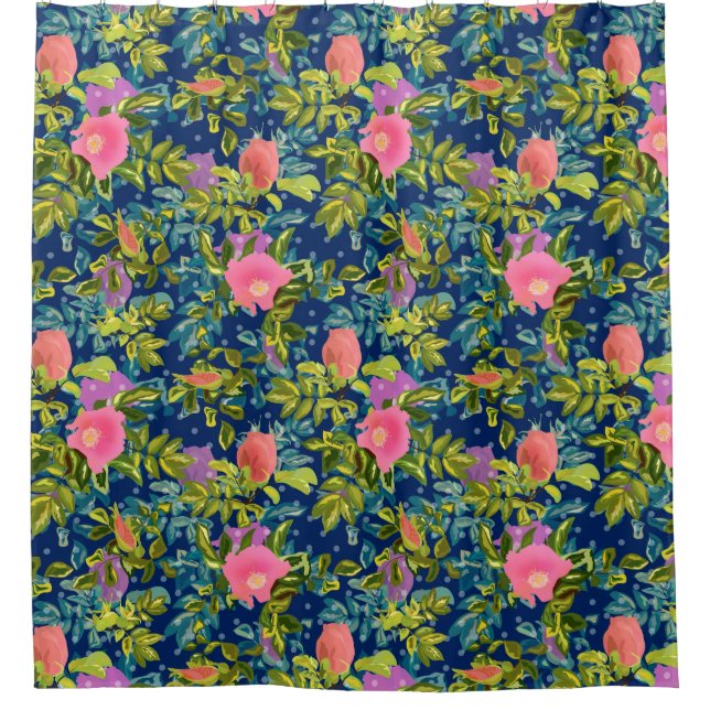 Wild rose, blue background, wild rose, roses, pink shower curtain (Front)