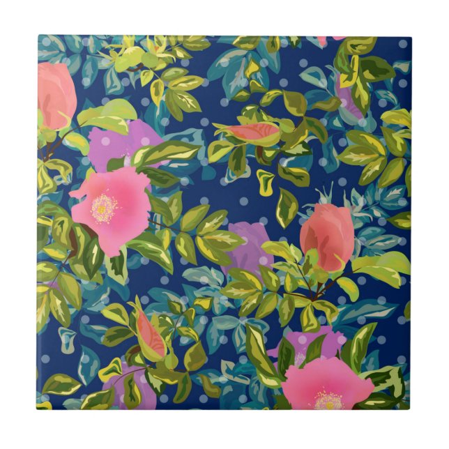 Wild rose, blue background, wild rose, roses, pink tile (Front)
