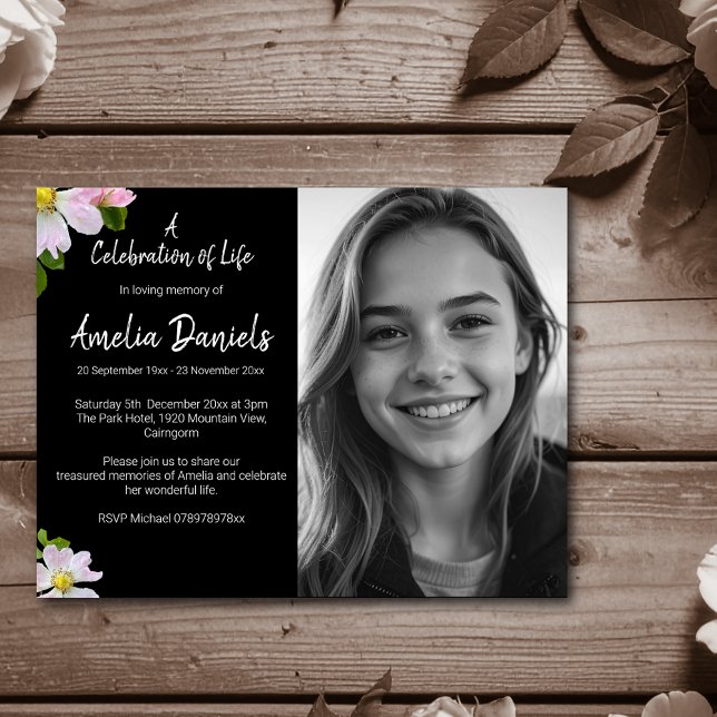 Wild Rose Celebration of Life Photo Card (Creator Uploaded)