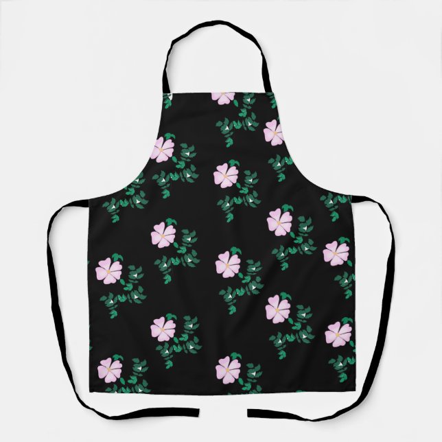 Wild Rose - Floral Pattern on Black Background Apron (Front)