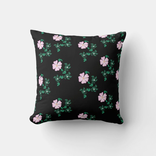 Wild Rose - Floral Pattern on Black Background Cushion (Front)
