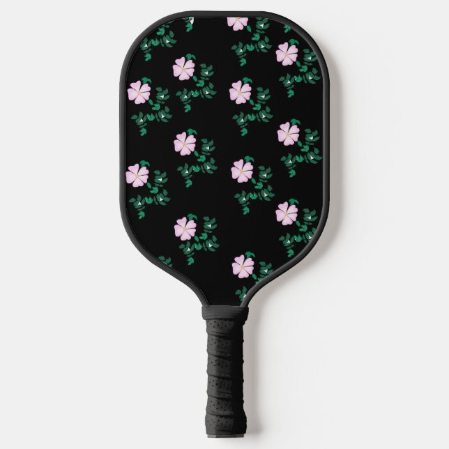 Wild Rose - Floral Pattern on Black Background Pickleball Paddle (Front)