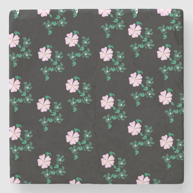 Wild Rose - Floral Pattern on Black Background  Stone Coaster (Front)