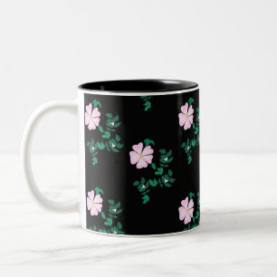 Wild Rose - Floral Pattern on Black Background  Two-Tone Coffee Mug
