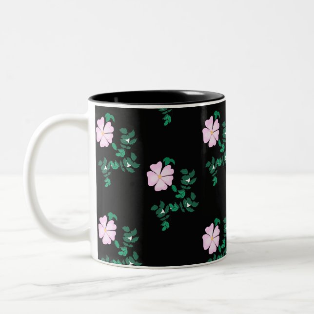 Wild Rose - Floral Pattern on Black Background  Two-Tone Coffee Mug (Left)