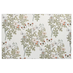Wild Rose Flower Butterfly Floral Vintage  Fabric