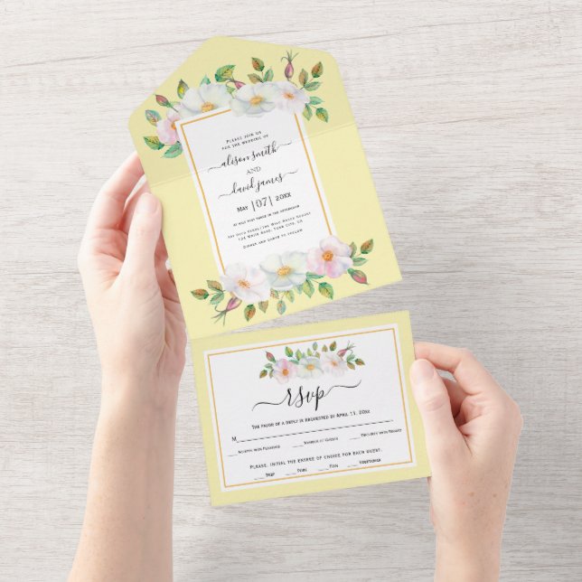 Wild rose flowers butter yellow floral wedding all in one invitation (Tearaway)