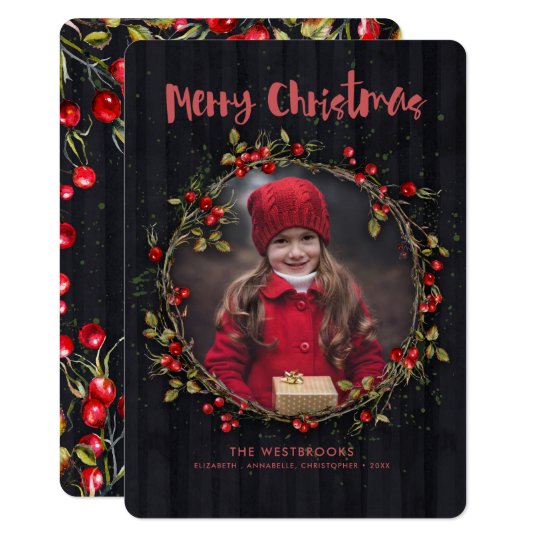 Wild Rose Fruits Christmas Wreath Holiday Photo Card