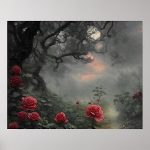 Wild rose garden - moody dark forest full moon poster