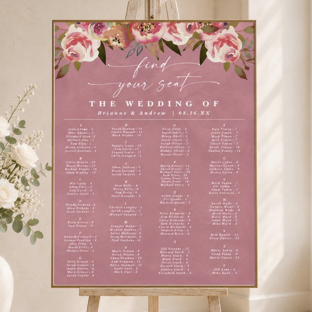 Wild Rose Pink Alphabetical Wedding Seating Chart (Elegant wild rose pink floral alphabetical wedding seating chart)