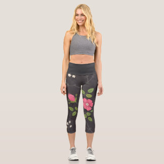 Wild rose textile design on dark background capri leggings