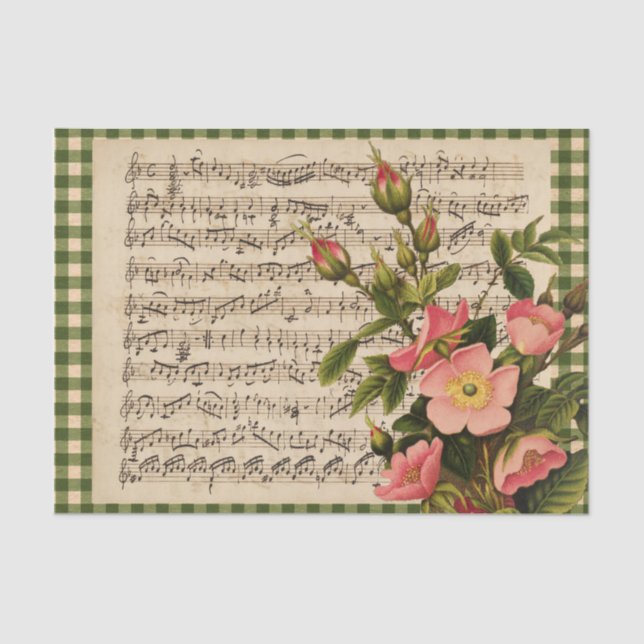 Wild Rose Vintage Sheet Music Check Tissue Paper (Front)