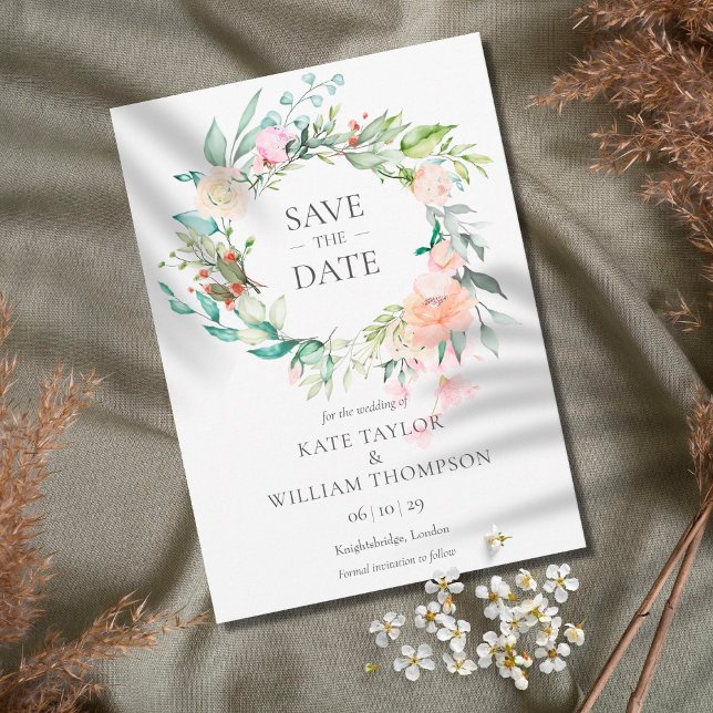 Wild Rose Watercolour Garland Save the Date Card (Creator Uploaded)