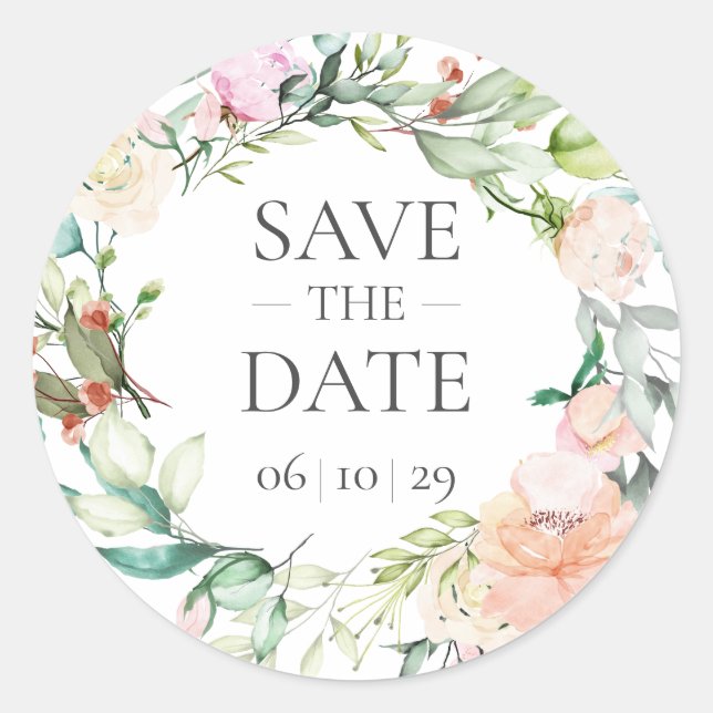 Wild Rose Watercolour Garland Save the Date Classic Round Sticker (Front)
