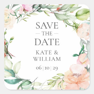 Wild Rose Watercolour Garland Save the Date Favour Square Sticker