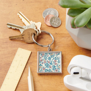 Wild roses and butterflies /pink/blue/off white key ring