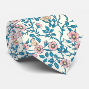 Wild roses and butterflies /pink/blue/off white tie