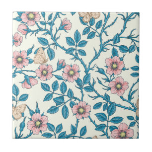 Wild roses and butterflies /pink/blue/off white tile