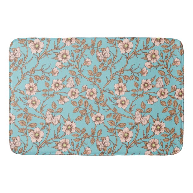 Wild roses and butterflies /pink/brown/pool bath mat (Front)