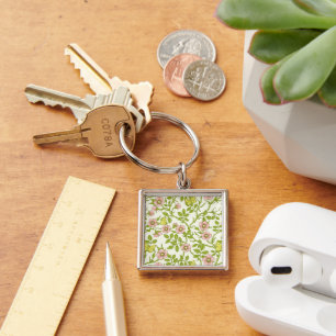 Wild roses and butterflies /pink/pale green/yellow key ring