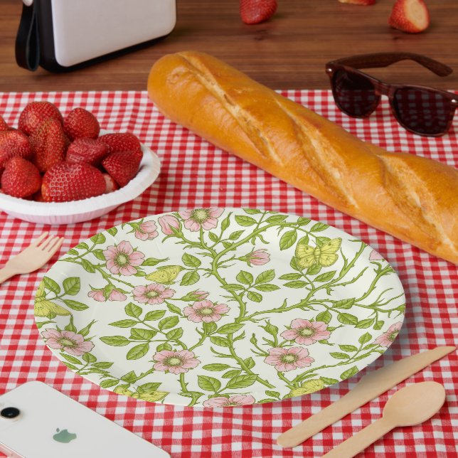 Wild roses and butterflies /pink/pale green/yellow paper plate (Picnic)