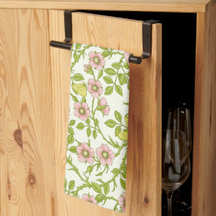 Wild roses and butterflies /pink/pale green/yellow tea towel