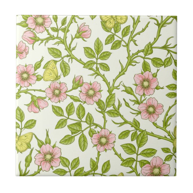 Wild roses and butterflies /pink/pale green/yellow tile (Front)