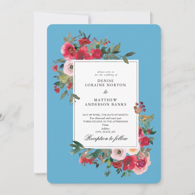 Wild Roses and Grotto Blue Color Invitation (Front)