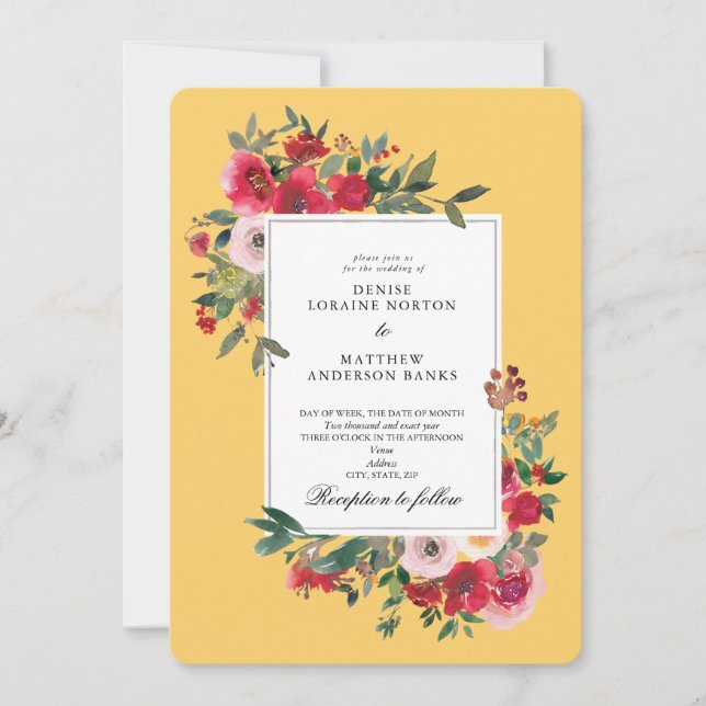 Wild Roses and Samoan Yellow Wedding Invitation (Front)