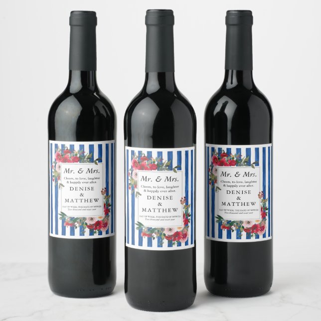 Wild Roses & Blue Iolite Stripe Wine Label (Bottles)