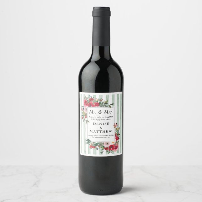 Wild Roses & Cameo Green Stripe Wine Label (Front)
